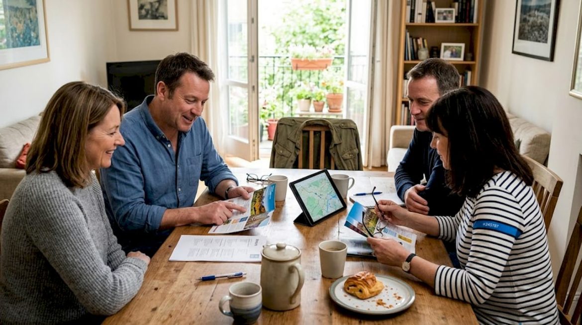 Group planning trip at dining table
