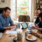 Group planning trip at dining table