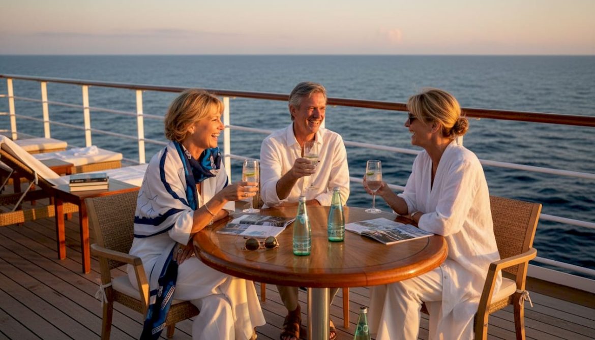 Luxury cruise deck guests at sunset