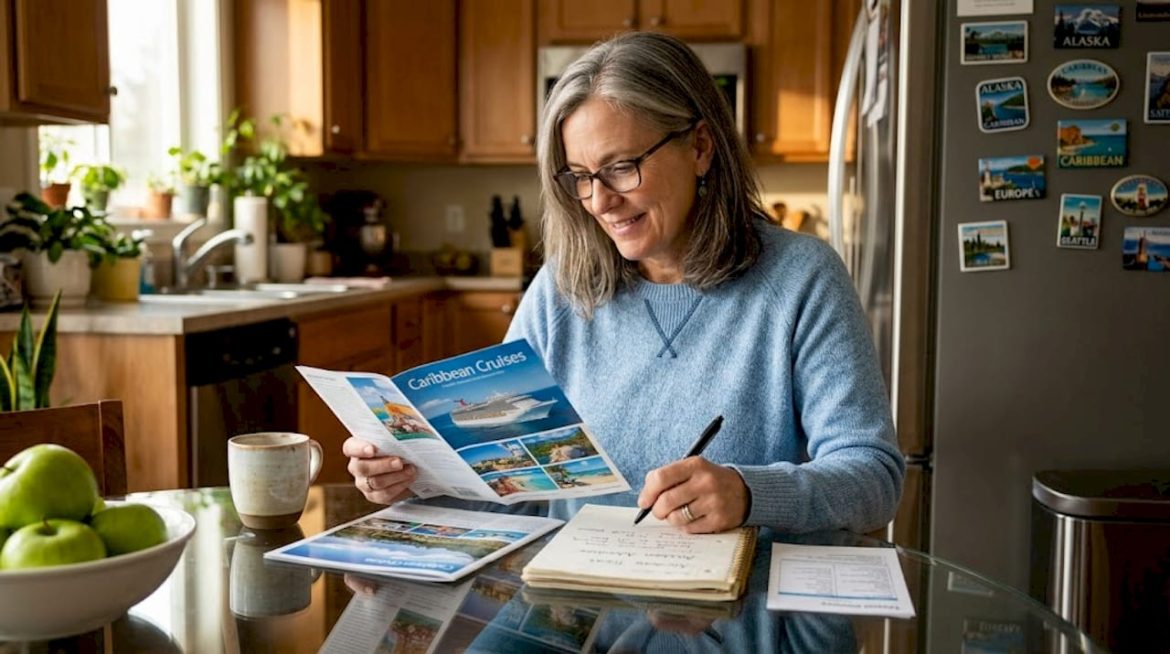 Traveler planning luxury cruise at kitchen table
