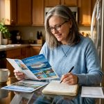 Traveler planning luxury cruise at kitchen table