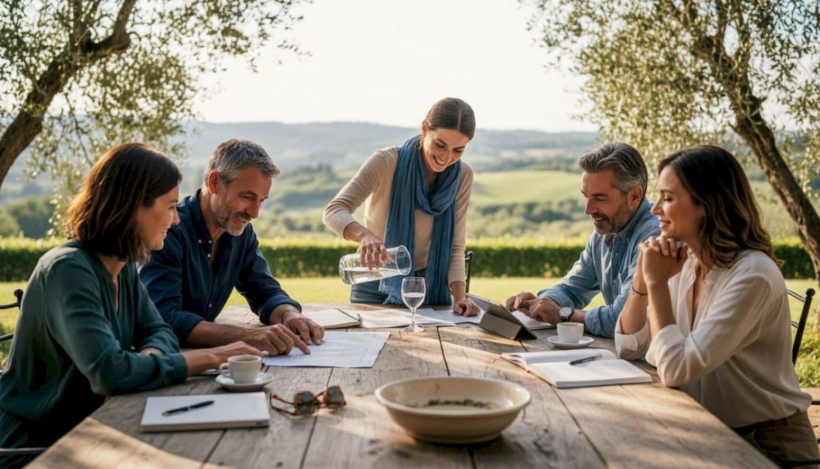 Travelers planning together on villa terrace