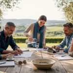 Travelers planning together on villa terrace