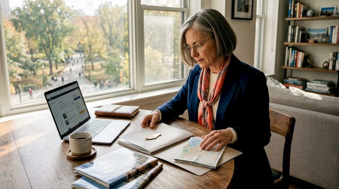 Travel advisor reviewing luxury itineraries at home