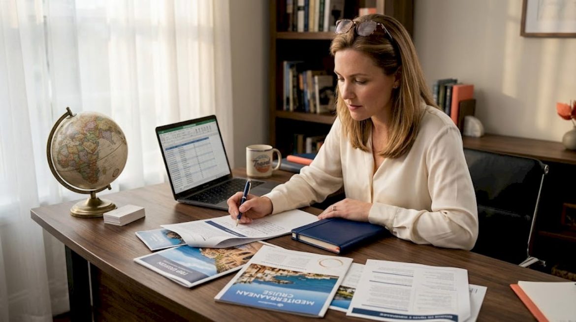 Woman sorting luxury travel brochures at desk