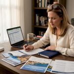 Woman sorting luxury travel brochures at desk