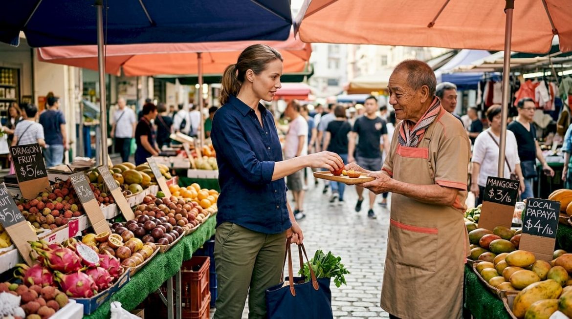 Traveler sampling fruit at lively outdoor market
