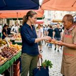 Traveler sampling fruit at lively outdoor market