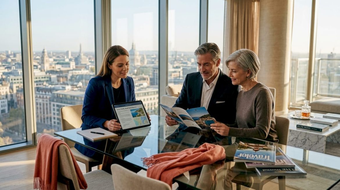 Concierge and clients reviewing a luxury travel plan