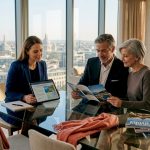 Concierge and clients reviewing a luxury travel plan
