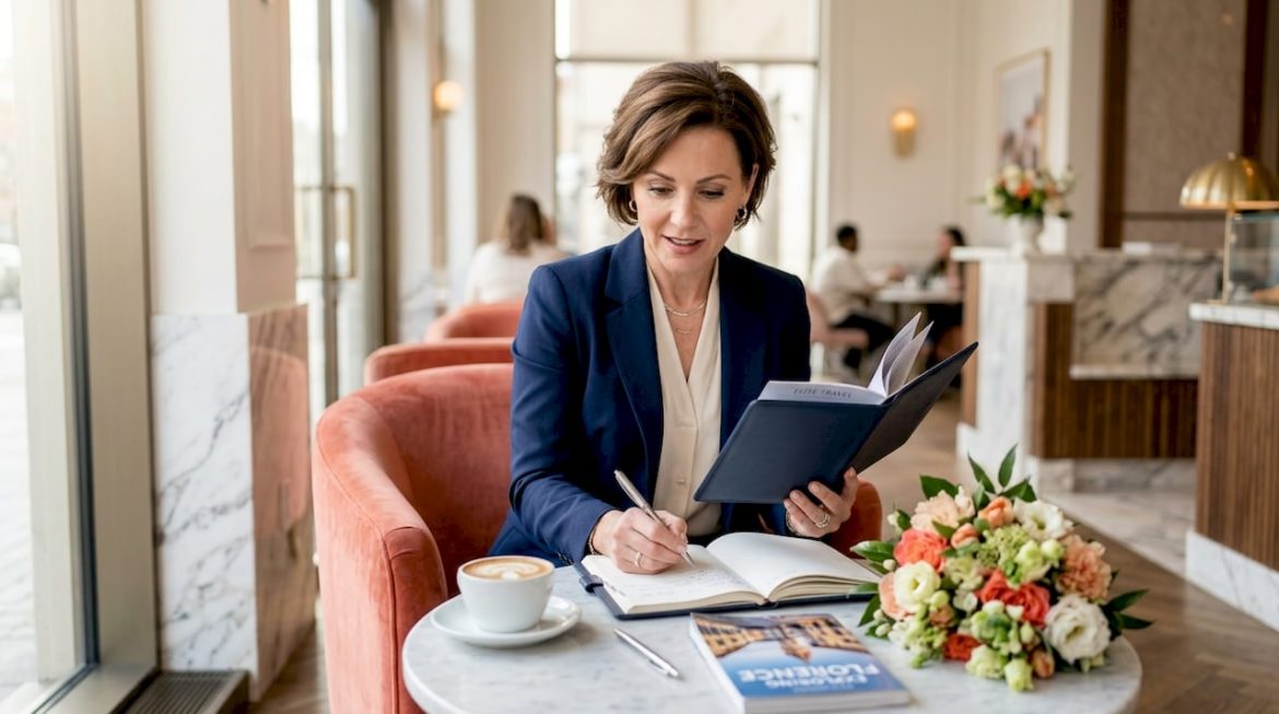 Traveler reviews custom itinerary in elegant hotel suite