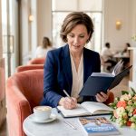 Traveler reviews custom itinerary in elegant hotel suite