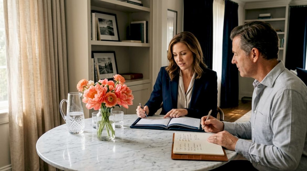 Travel advisor meeting client in elegant home office