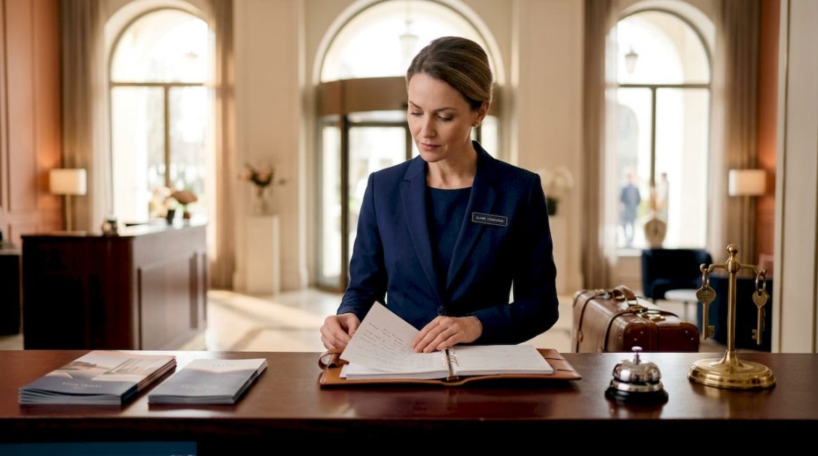 Concierge planning travel at luxury hotel desk