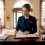 Concierge planning travel at luxury hotel desk