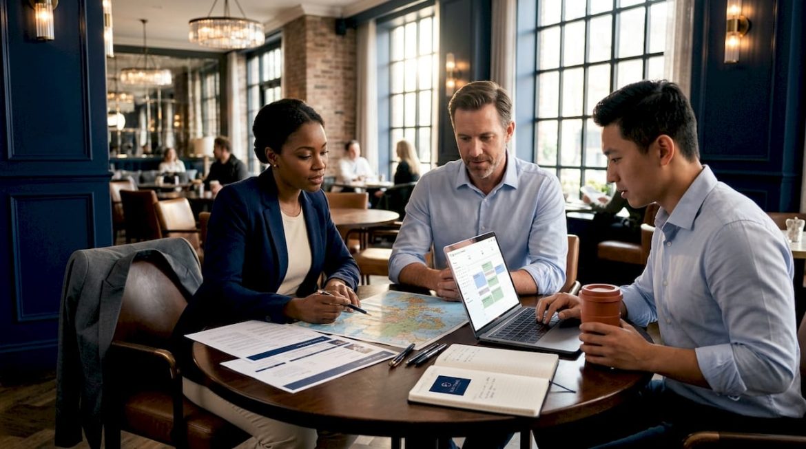 Team planning travel in bright glass meeting room