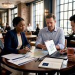 Team planning travel in bright glass meeting room
