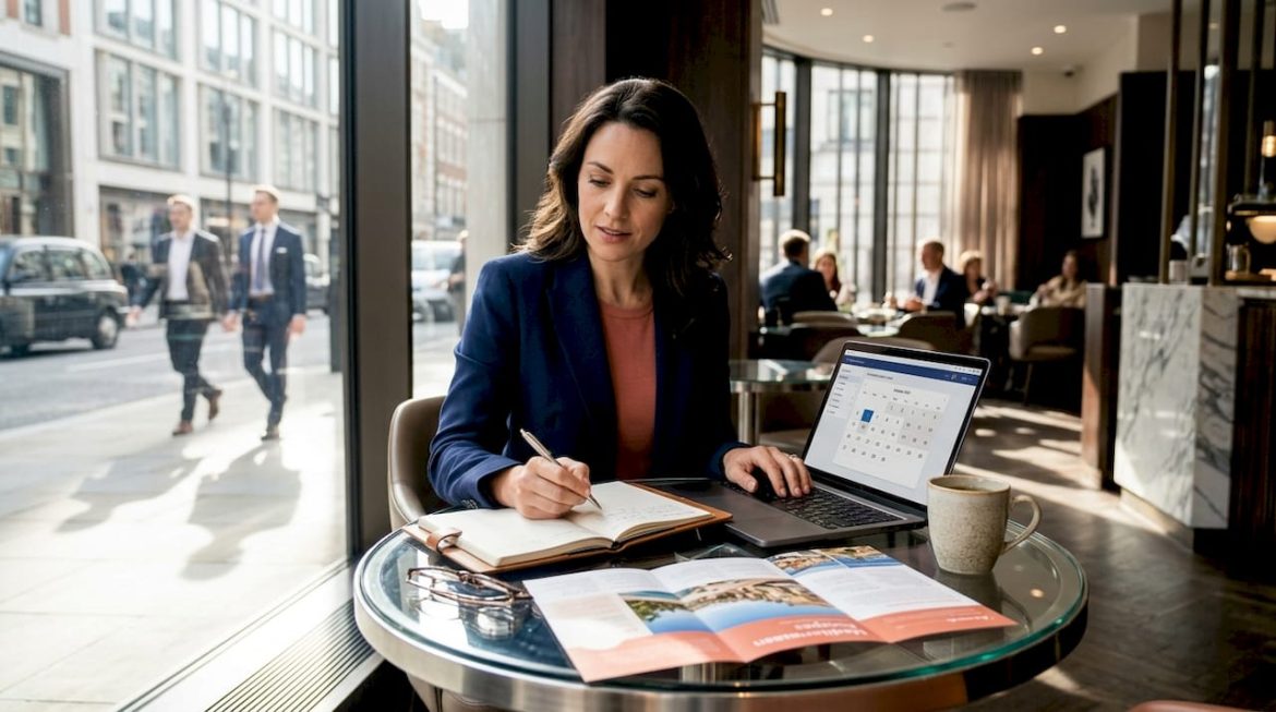 Traveler planning trip at kitchen table