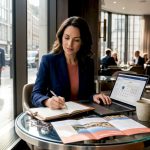 Traveler planning trip at kitchen table