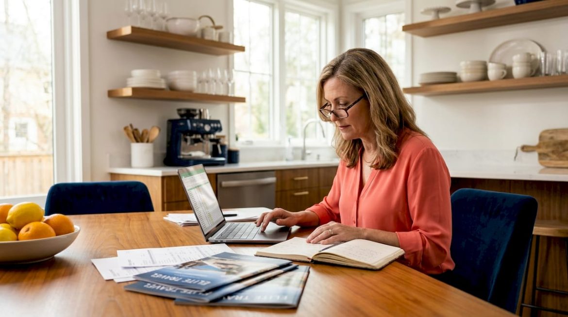 Woman planning group travel at dining table