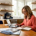 Woman planning group travel at dining table