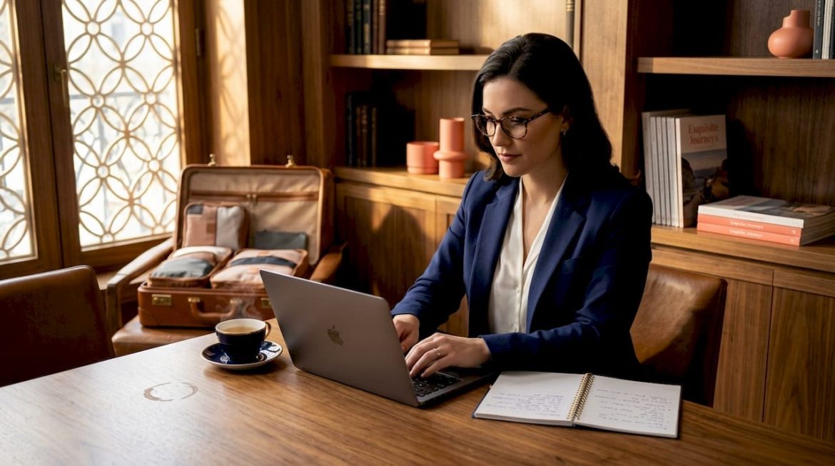 Travel advisor planning itineraries at home workspace