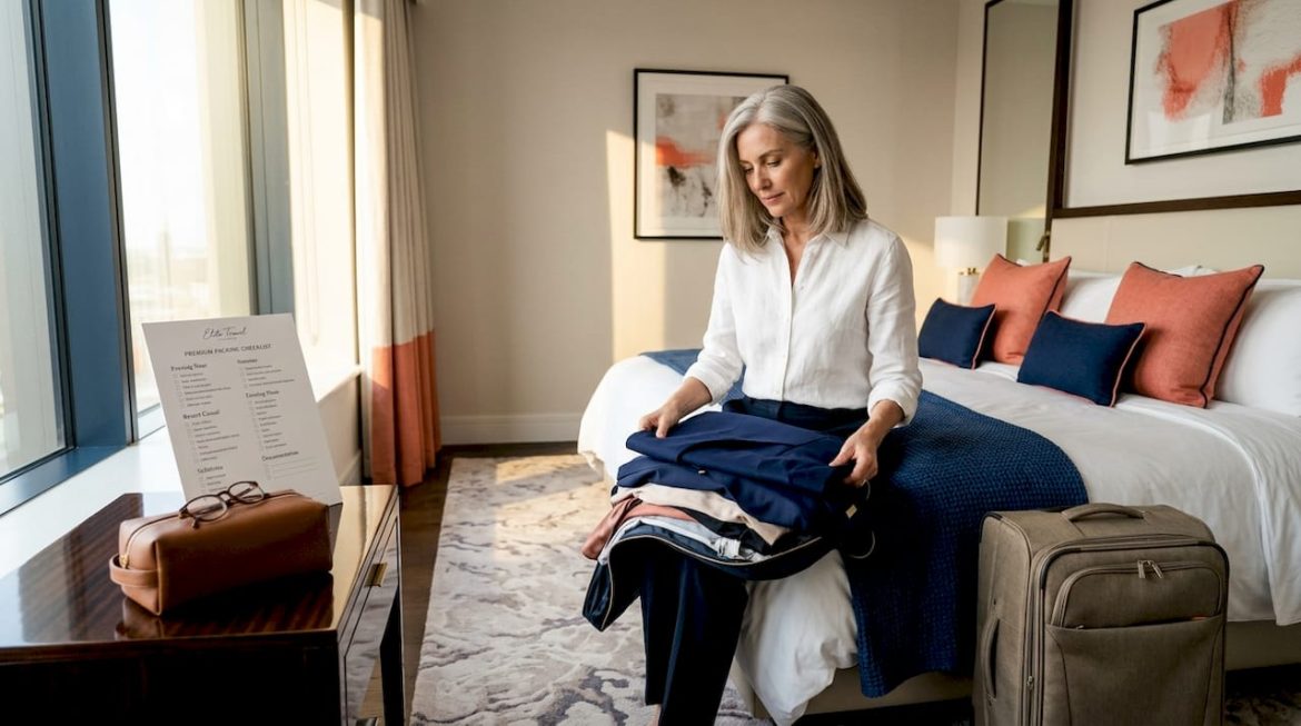 Traveler packing luxury cruise essentials in bedroom