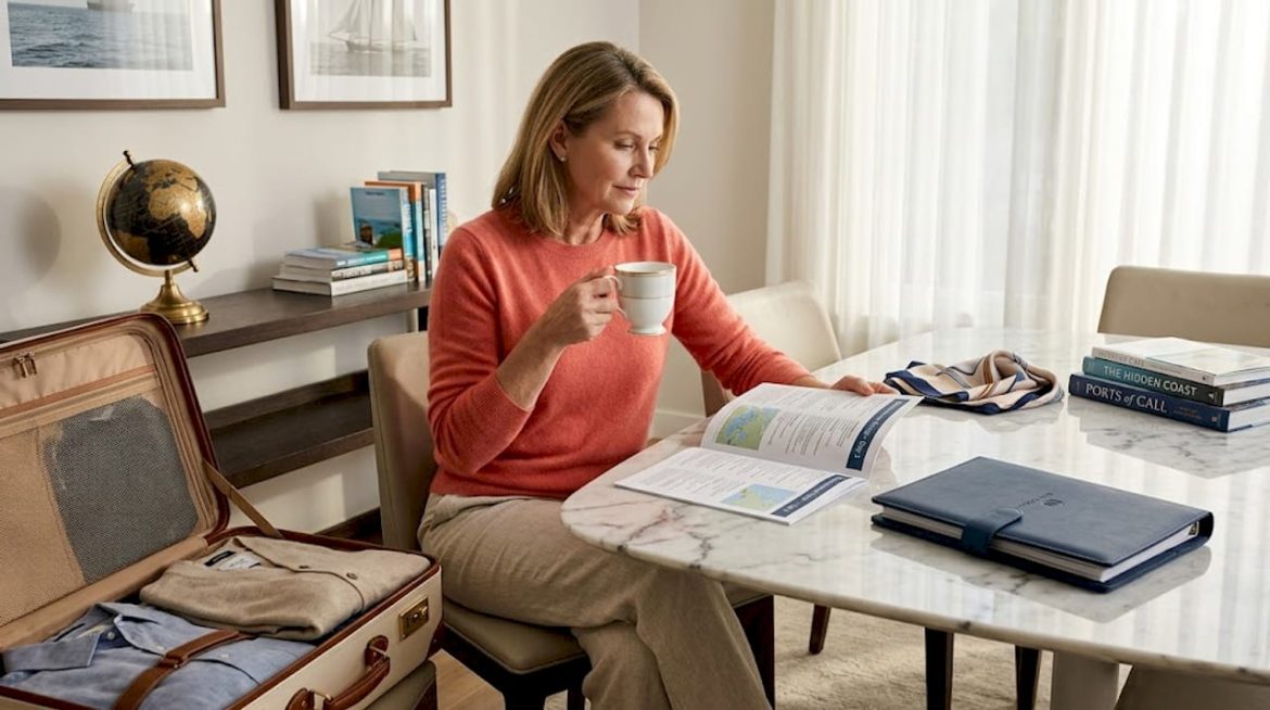 Woman planning cruise at dining table with suitcase