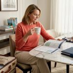 Woman planning cruise at dining table with suitcase