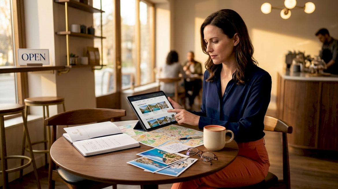 Woman planning travel at home kitchen table