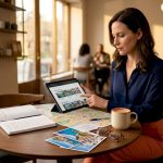 Woman planning travel at home kitchen table