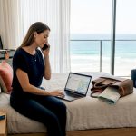 Traveler on hotel bed making urgent call