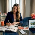 Bride planning destination wedding at kitchen table