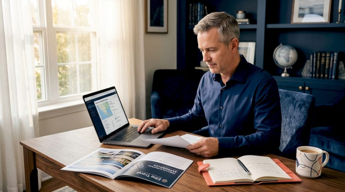 Traveler reviewing travel insurance documents at table