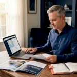 Traveler reviewing travel insurance documents at table