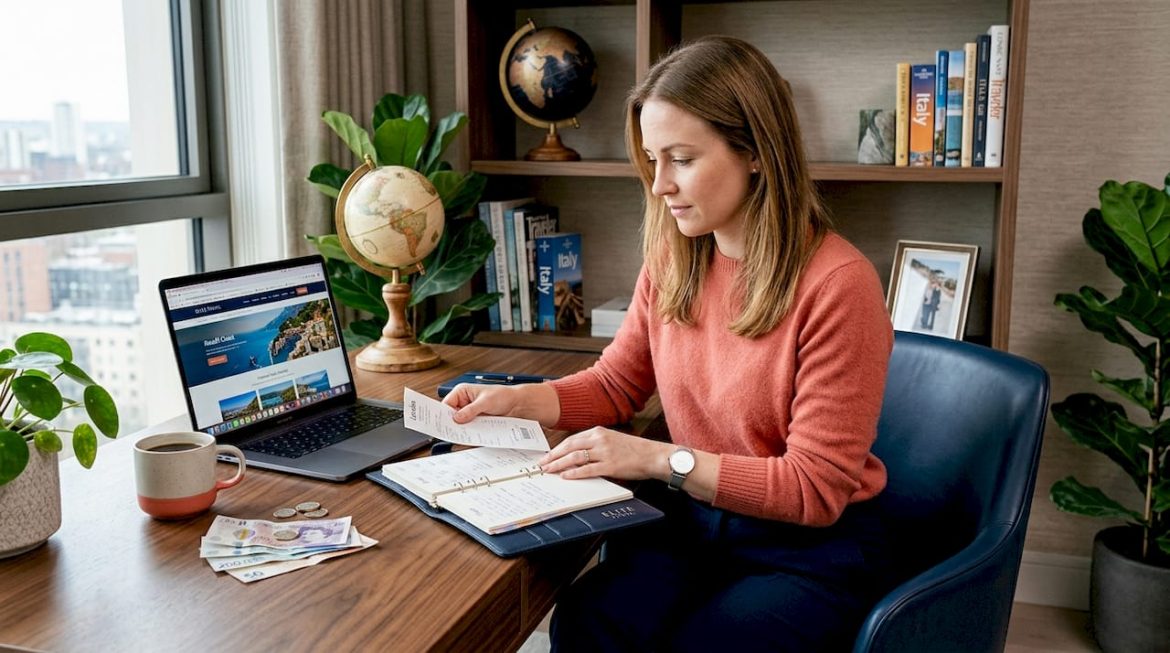 Traveler organizing travel budget at kitchen table