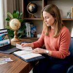 Traveler organizing travel budget at kitchen table