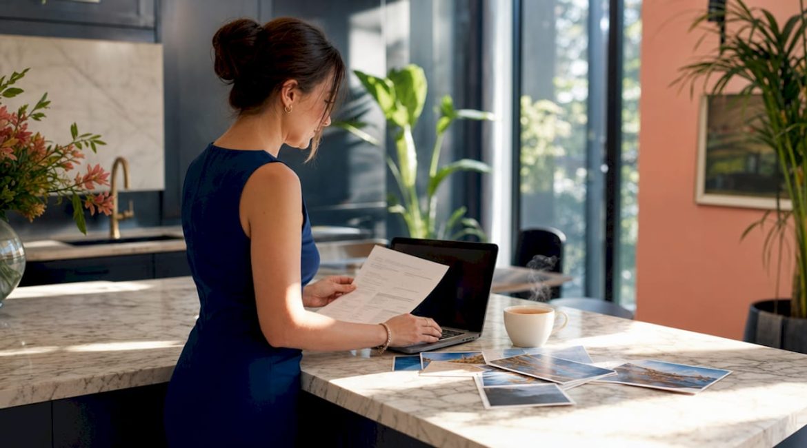 Travel planner working on itinerary at desk