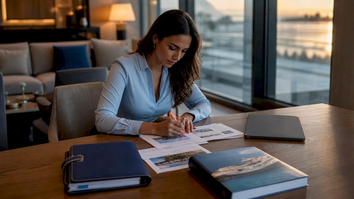 Luxury travel agent reviewing printed itineraries