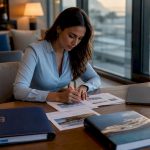 Luxury travel agent reviewing printed itineraries