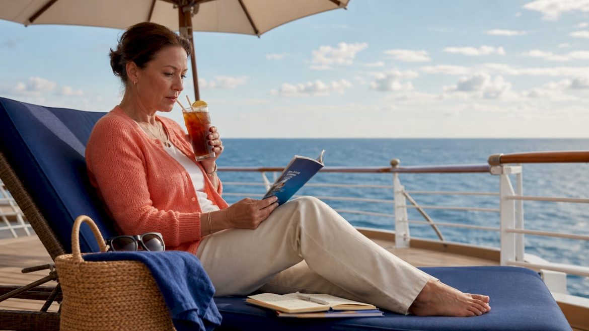Woman planning all-inclusive cruise vacation on balcony