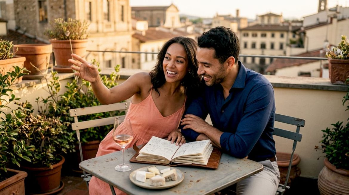 Couple planning romantic travel moments