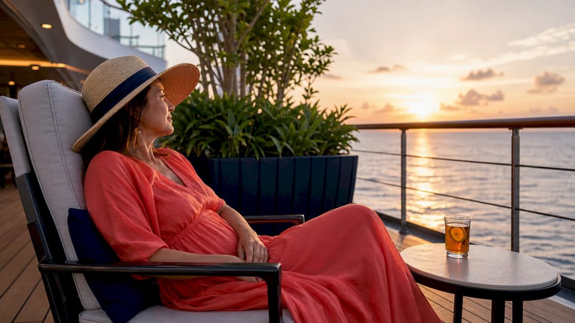 Woman relaxing on luxury cruise ship deck at sunset