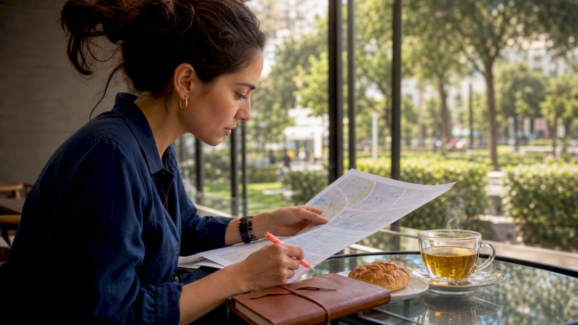 Woman planning travel itinerary at home table
