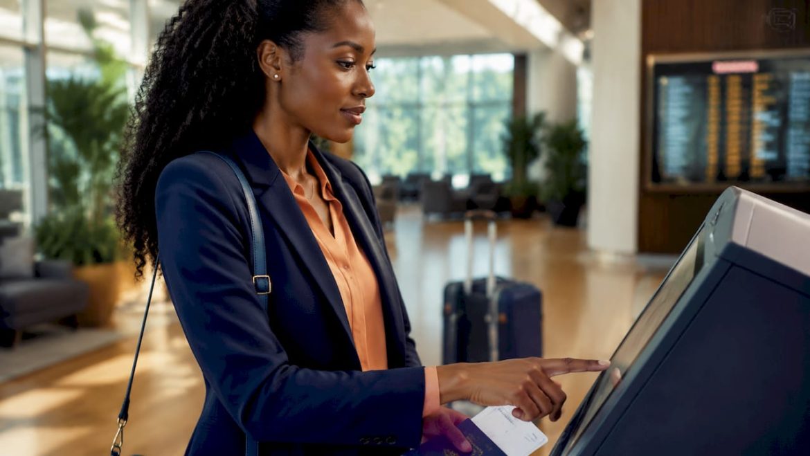Traveler using airport check-in kiosk