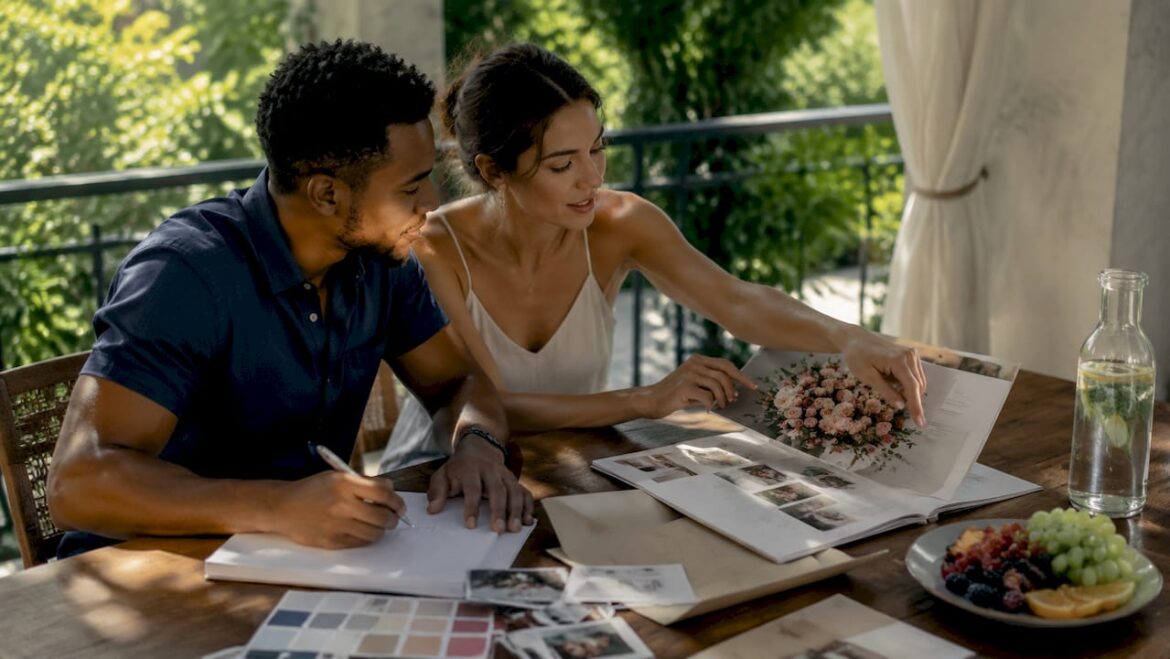 Couple planning a destination wedding outdoors