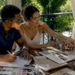 Couple planning a destination wedding outdoors