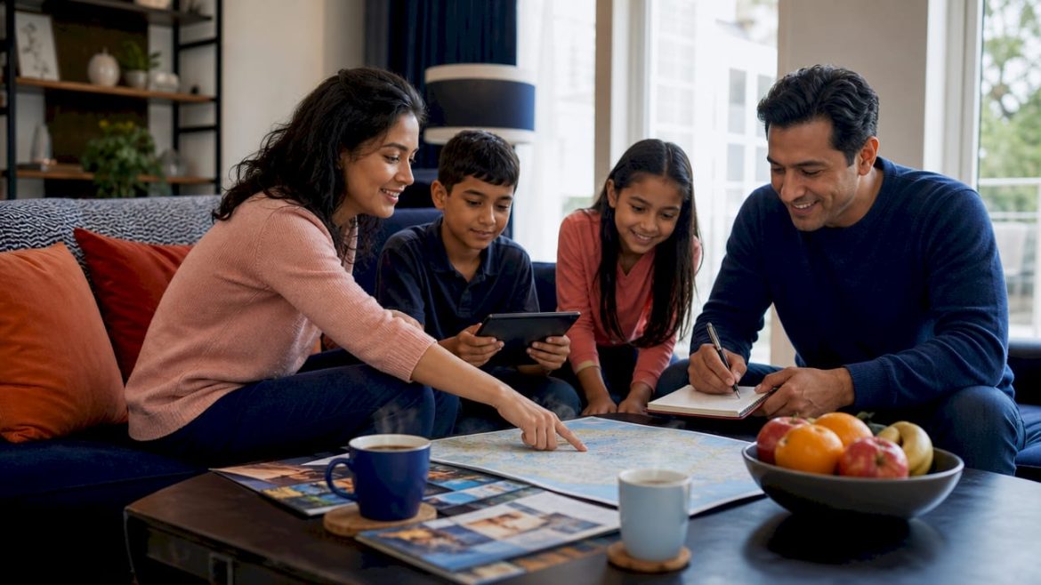 Family planning their 2026 trip around kitchen table