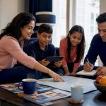 Family planning their 2026 trip around kitchen table