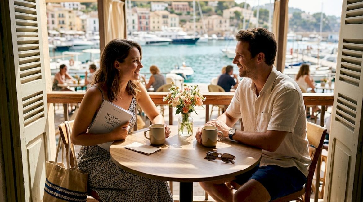 Couple planning destination wedding outdoors
